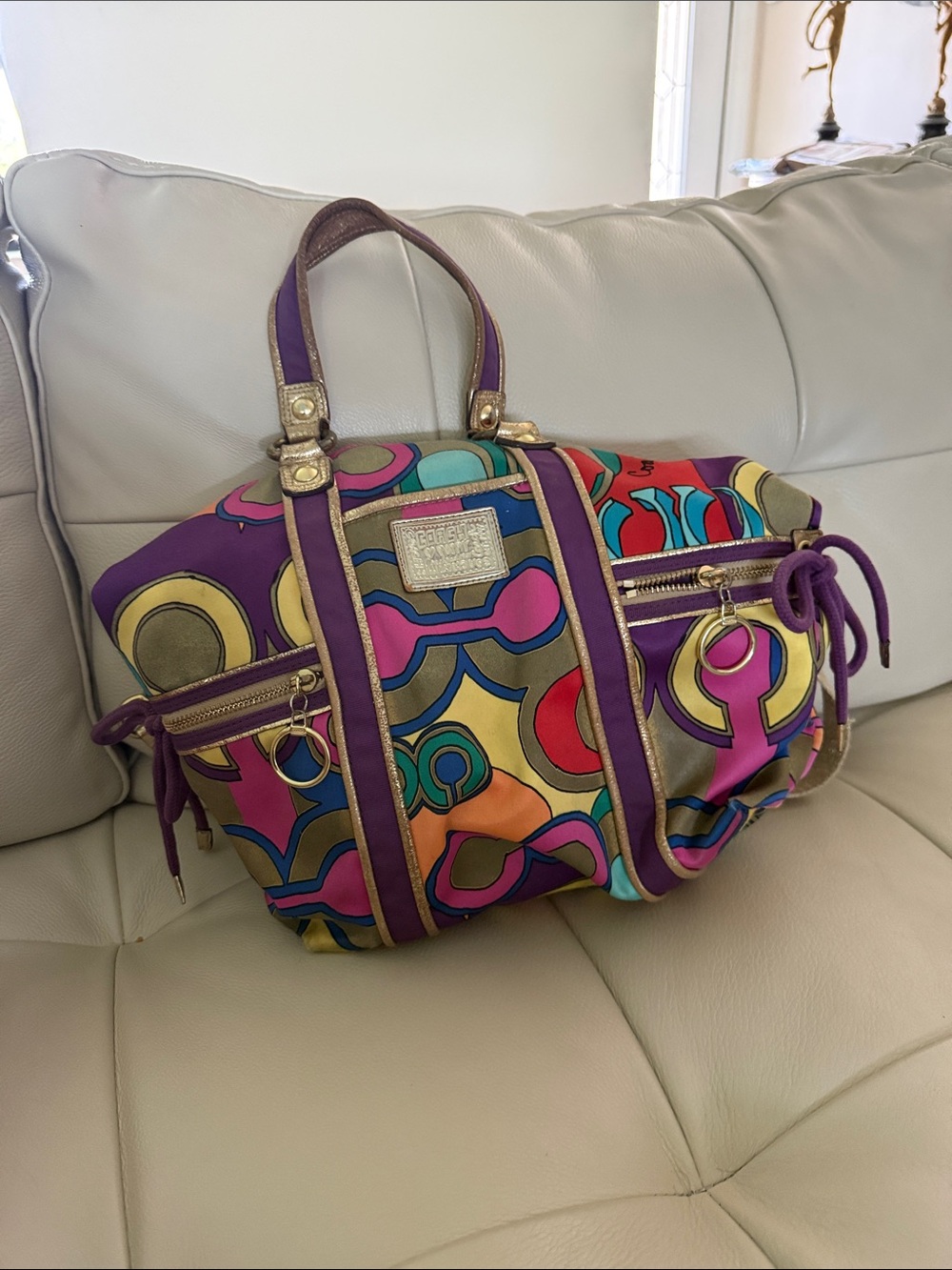 Coach Multicolor Shoulder Bag with Purple Interior and Gold Hardware